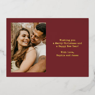 Simple Typography Couple Photo Red Christmas Foil Holiday Card