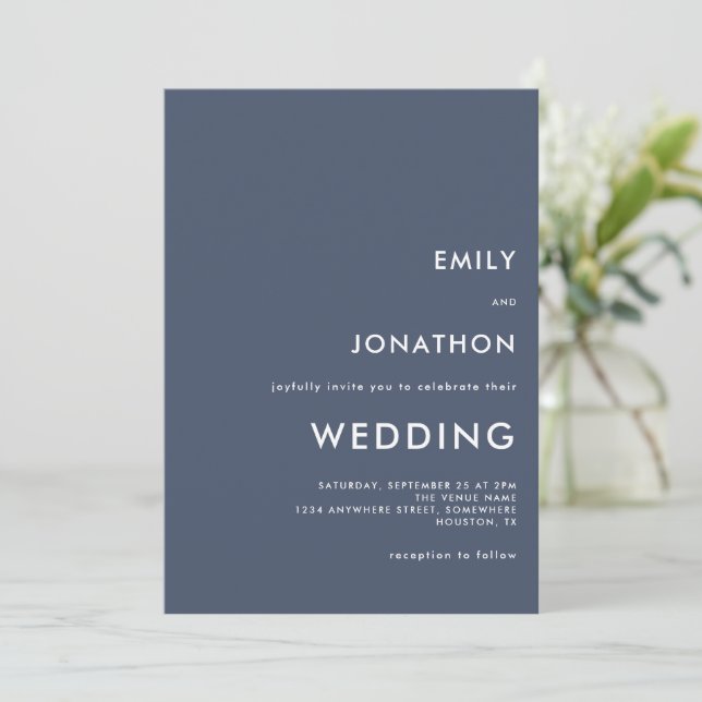Simple typography Custom Dusty Navy Blue Wedding Invitation (Standing Front)