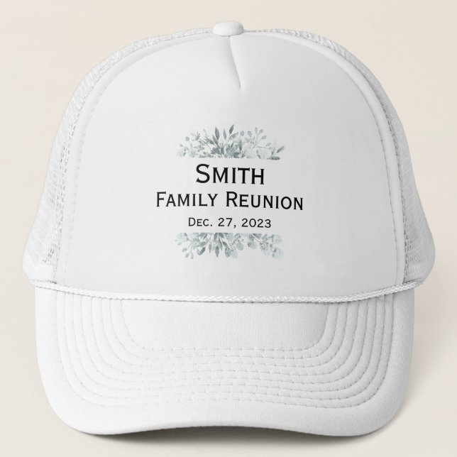 SIMPLE TYPOGRAPHY CUSTOM FAMILY REUNION FLORAL TRUCKER HAT (Front)