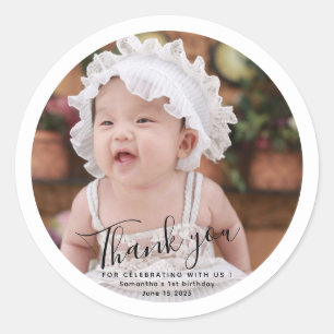 Simple Typography Custom Photo First Birthday Classic Round Sticker