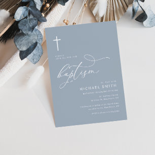 simple typography dusty blue baptism invitation