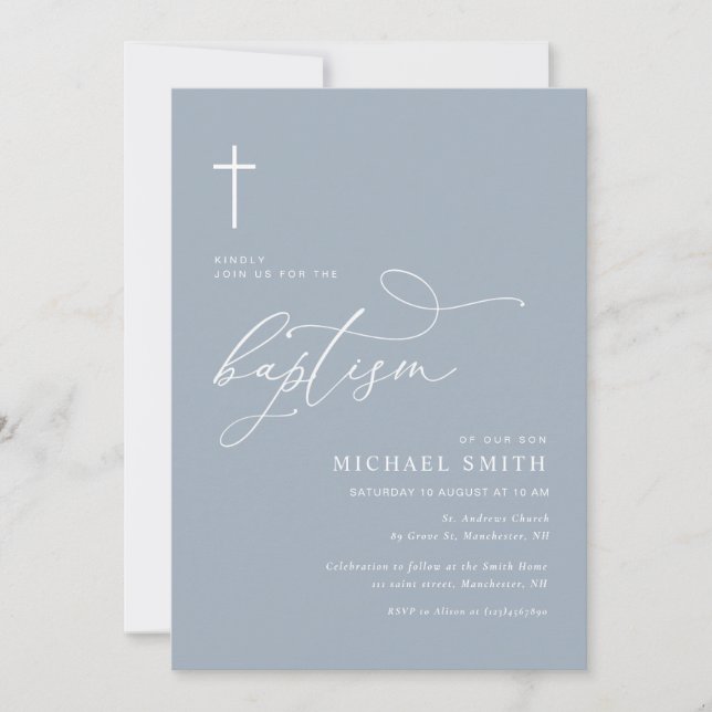 simple typography dusty blue baptism invitation (Front)