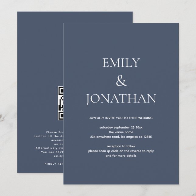 Simple Typography Dusty Navy QR code Wedding Invitation (Front/Back)