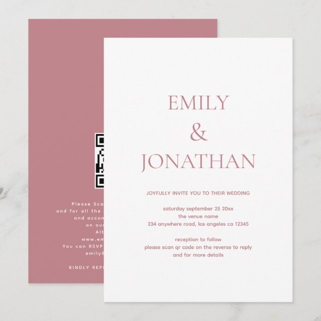 Simple Typography Dusty Rose QR code Wedding Invitation (Front/Back)