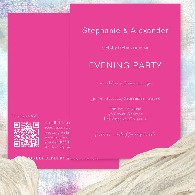 Simple Typography Hot Pink QR Wedding Party Invitation (Front and back view)