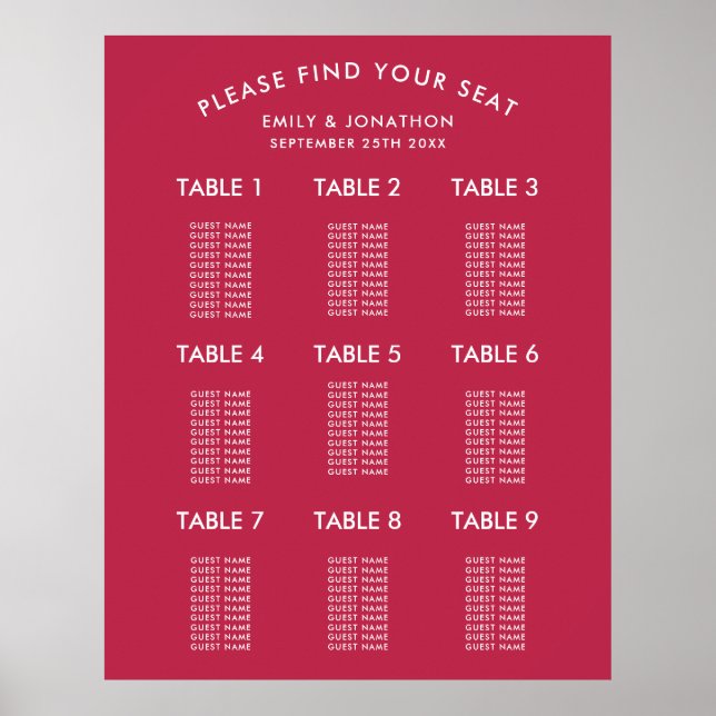 Simple Typography Magenta Wedding Seating Chart (Front)