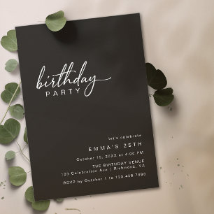 Simple Typography   Modern Black Birthday Party Invitation