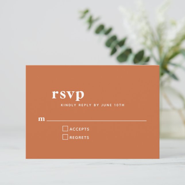 Simple Typography Modern Burnt Orange Wedding RSVP Card (Standing Front)