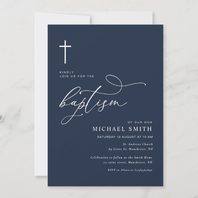 simple typography navy blue baptism invitation (Front)