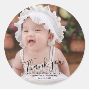 Simple Typography Photo First Birthday Classic Round Sticker