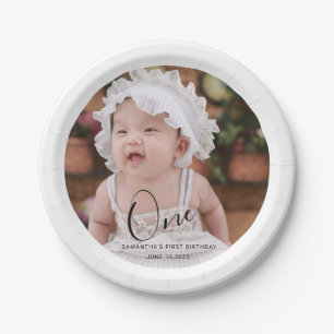 Simple Typography Photo First Birthday Paper Plate