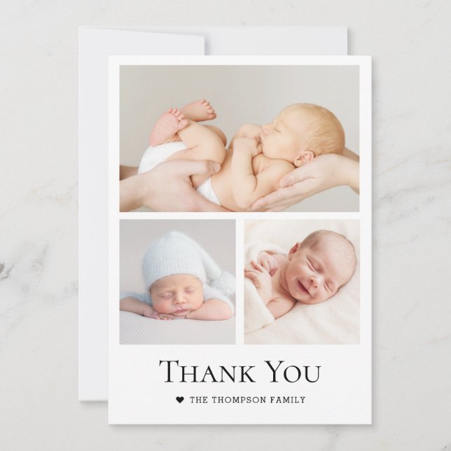 Simple Typography Photo Grid Baby Boy Thank You Card (Front)
