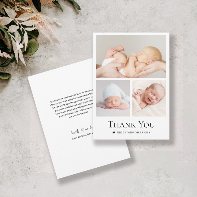 Simple Typography Photo Grid Baby Boy Thank You Card (Simple, chic custom 3 photo grid thank you baby shower card.)