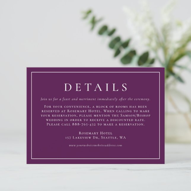 Simple Typography Purple Formal Wedding Details Enclosure Card (Standing Front)