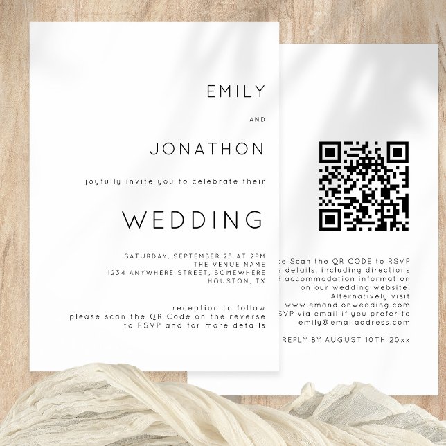 Simple Typography QR Code Any Colour Wedding Invitation (Front and back view)