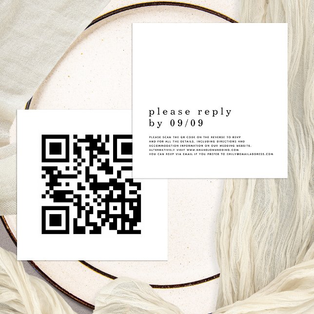 Simple Typography QR Code Wedding Black White RSVP Enclosure Card (Front and back view, charming 2.5" square mini enclosure)