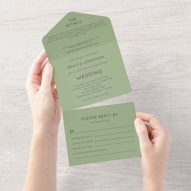 Simple Typography Sage Green Wedding All In One Invitation (Tearaway)