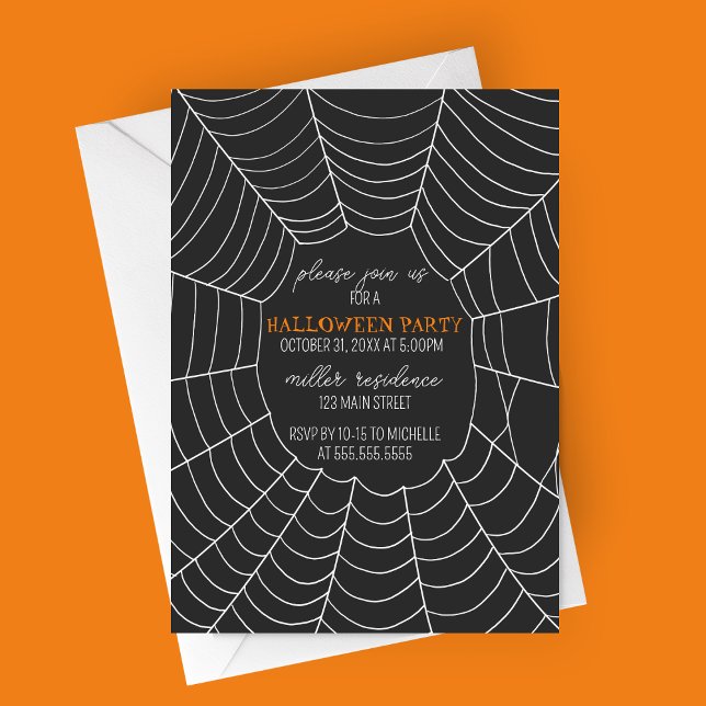Simple Typography Spiderweb Halloween Party  Invitation (Simple Typography Large Spiderweb Modern Halloween Party Invitation)