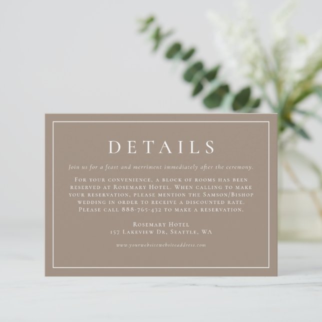 Simple Typography Taupe Formal Wedding Details Enclosure Card (Standing Front)