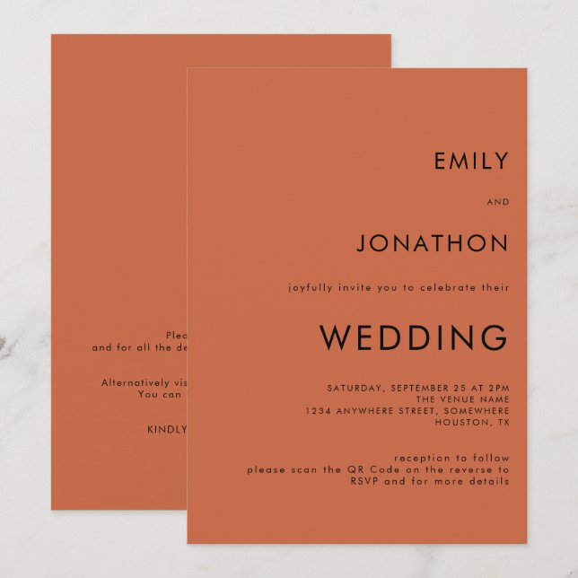 Simple Typography Terracotta QR Code Wedding Invitation (Front/Back)