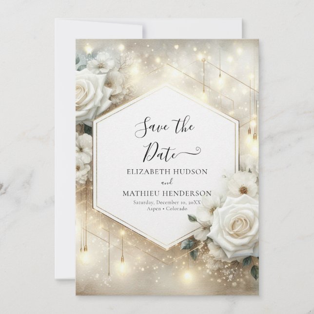 Simple Typography White Roses Wedding Save The Date (Front)