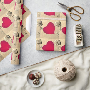 Simple Valentine Red Heart w/Rose Wrapping Paper