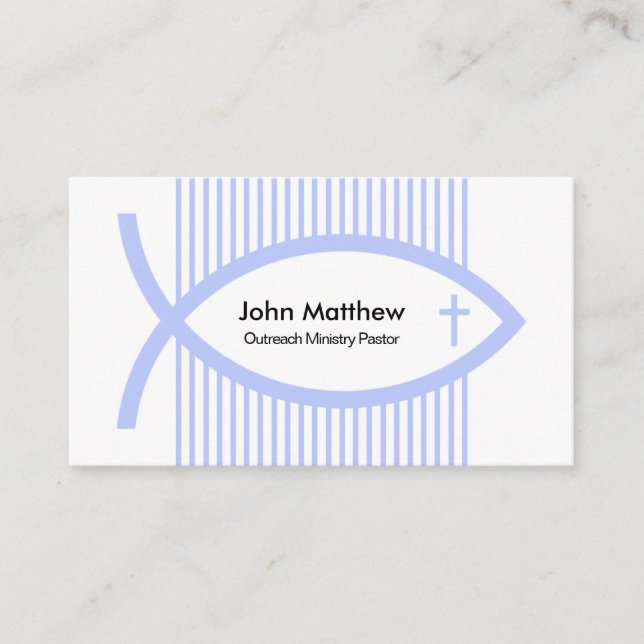 Simple Vertical Blue Sea Lines Ichthus Pastor Business Card (Front)