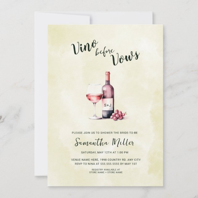 Simple Vino before Vows Red Wine Bridal Shower Invitation (Front)