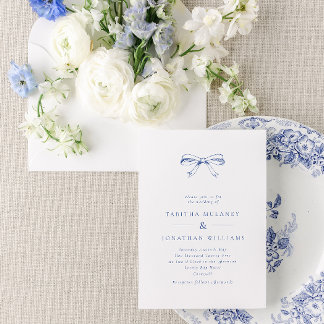 Simple Vintage Bow Blue Wedding Invitation