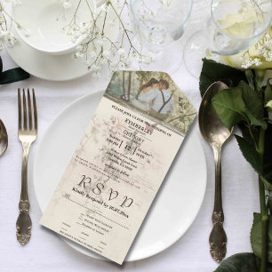 Simple Vintage Cream Ivory Floral Butterfly Photo All In One Invitation