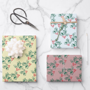 Simple Vintage Look Holly Pattern Christmas Wrapping Paper Sheet