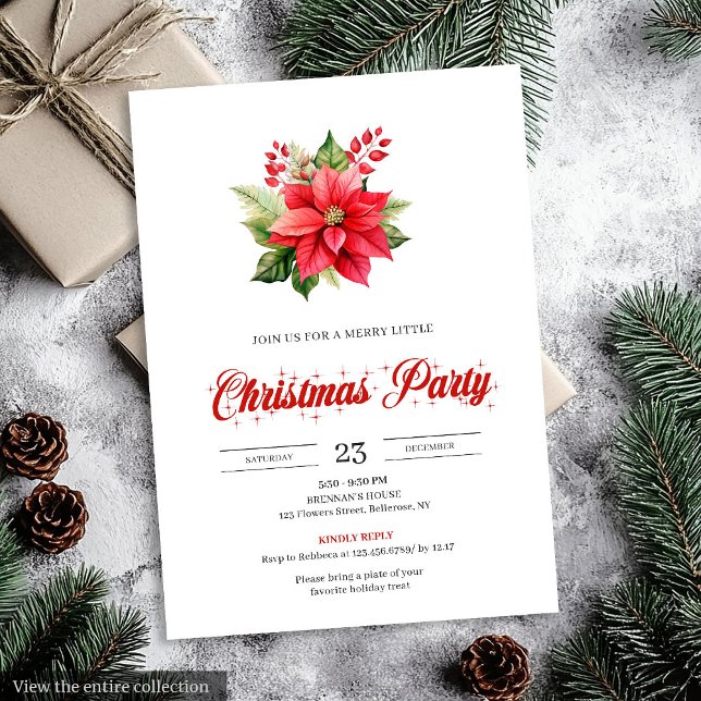Simple Vintage Red Poinsettia Floral Christmas  Invitation (Simple Vintage Red Poinsettia Floral Christmas Invitation)