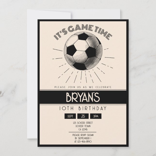 Simple Vintage Retro Black Soccer Birthday Invitation (Front)