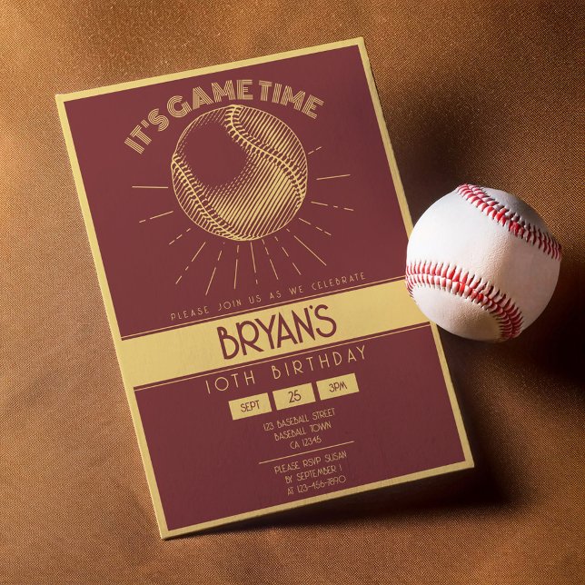 Simple Vintage Retro Gold Baseball Birthday Invitation (Creator Uploaded)