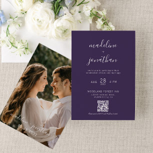 Simple Violet Purple Script Photo QR Code Wedding  Invitation