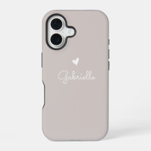 Simple Warm Beige Grey Heart with Script Name iPhone 16 Case
