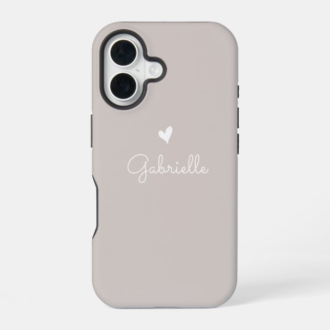 Simple Warm Beige Grey Heart with Script Name iPhone 16 Case (Back)