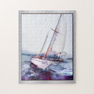 Simple watercolor and ink of Leaning Sailboat Jigsaw Puzzle
