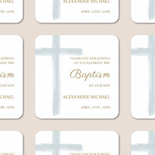 Simple  Watercolor Blue Cross Baptism Thank You Square Sticker