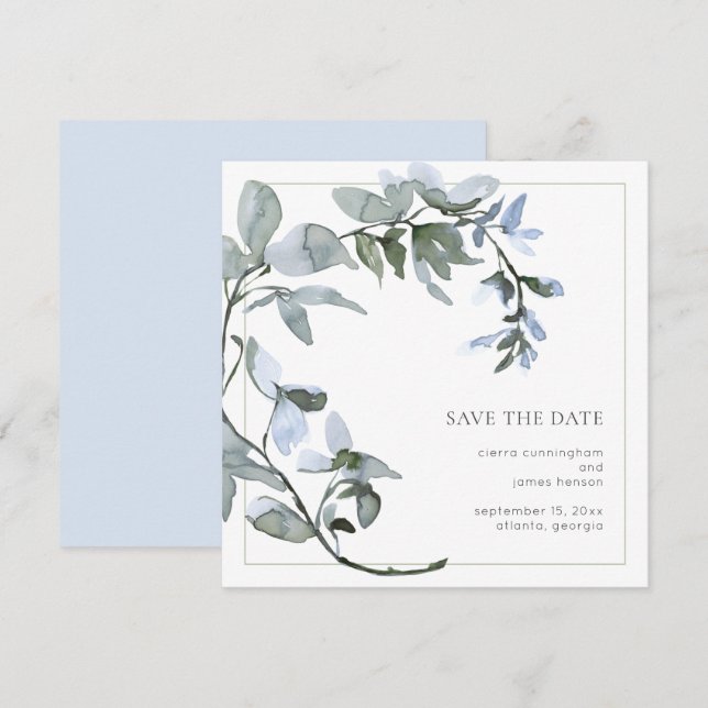 Simple Watercolor Blue Floral Save The Date (Front/Back)