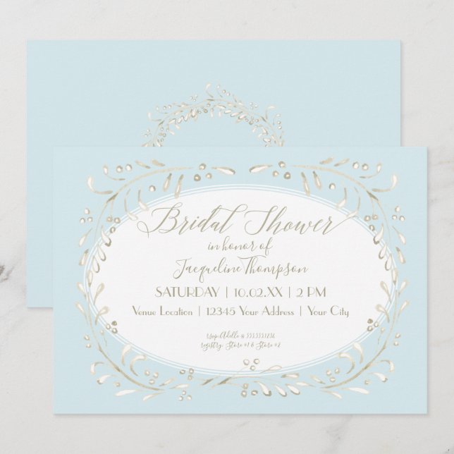 Simple Watercolor Blue Modern Leaf Branch Wedding Invitation (Front/Back)