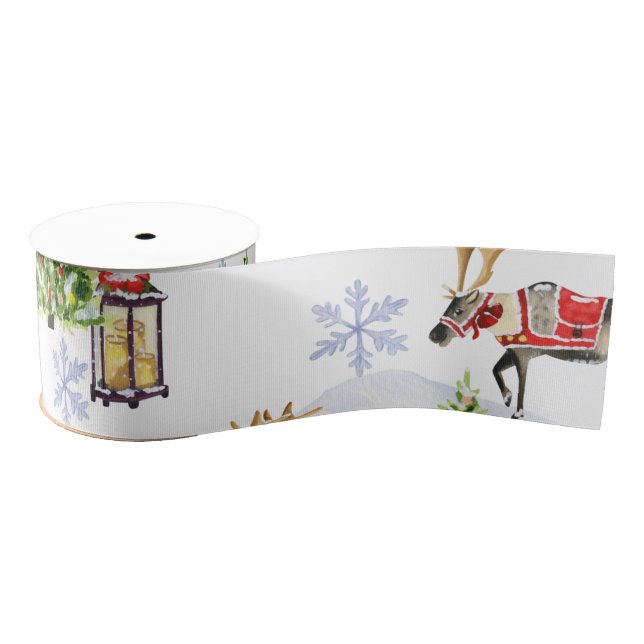 Simple watercolor Boho Christmas Reindeer tree Grosgrain Ribbon (Spool)