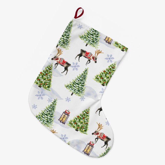 Simple watercolor Boho Christmas Reindeer tree Large Christmas Stocking (Front (Hanging))
