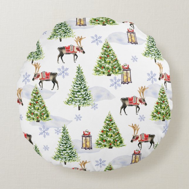 Simple watercolor Boho Christmas Reindeer tree Round Cushion (Front)
