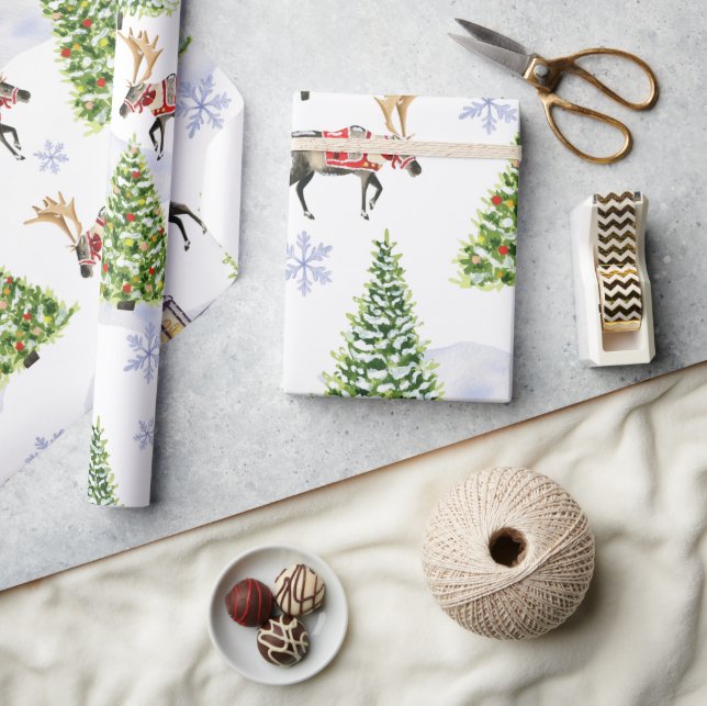 Simple watercolor Boho Christmas Reindeer tree Wrapping Paper (Crafts)