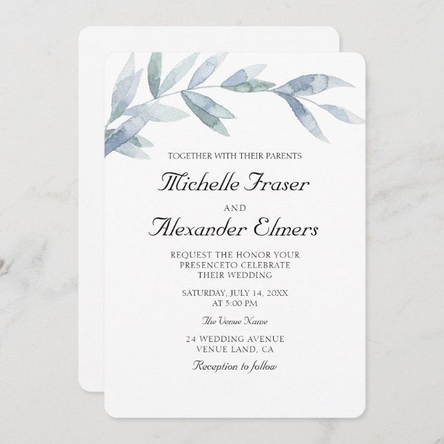 Simple watercolor botanical leaves Elegant wedding Invitation (Front/Back)