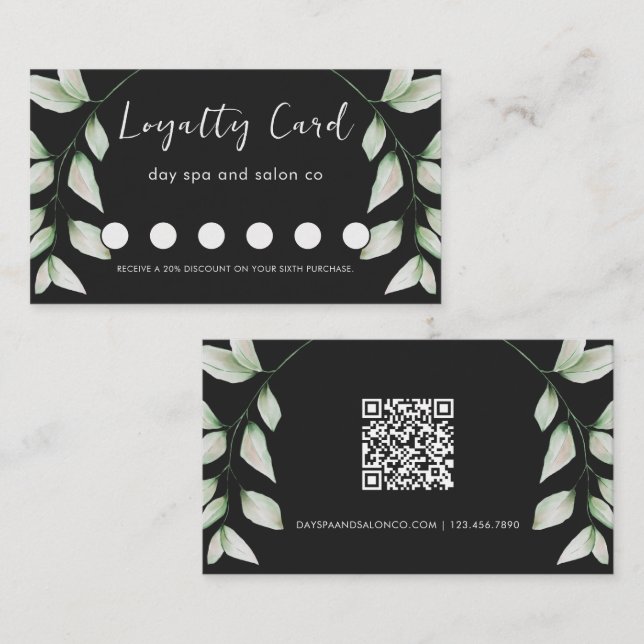 Simple Watercolor Botanical QR Code Black Loyalty Card (Front/Back)