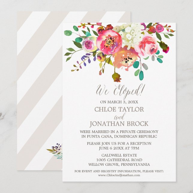 Simple Watercolor Bouquet Elopement Reception Invitation (Front/Back)