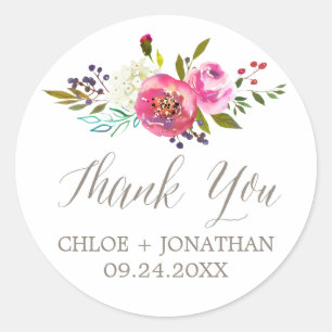 Simple Watercolor Bouquet Thank You Wedding Favour Classic Round Sticker