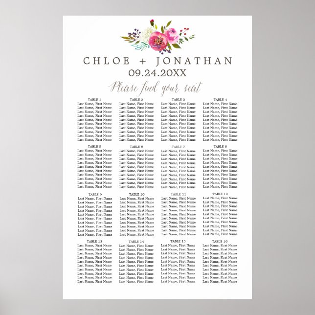 Simple Watercolor Bouquet Wedding Seating Chart (Front)